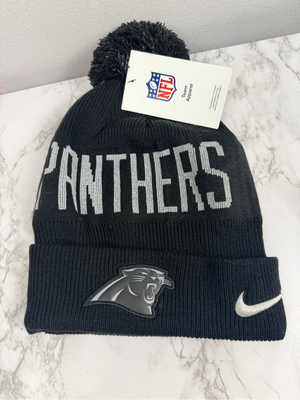 New Nike NFL Carolina Panthers black cuffed knit hat with Pom